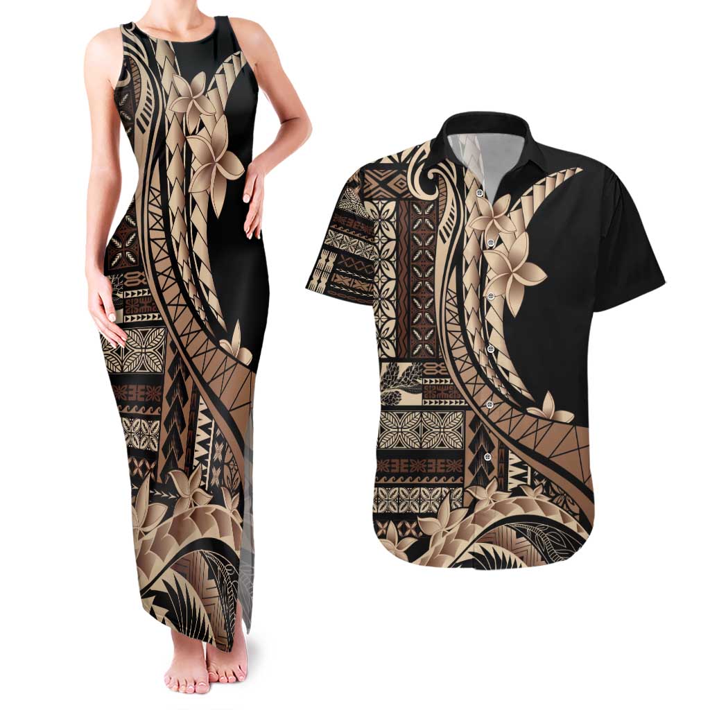 Samoa Siapo Mamanu Couples Matching Tank Maxi Dress and Hawaiian Shirt Plumeria Black Motifs LT7 Black - Polynesian Pride
