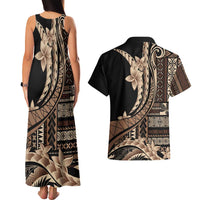 Samoa Siapo Mamanu Couples Matching Tank Maxi Dress and Hawaiian Shirt Plumeria Black Motifs LT7 - Polynesian Pride