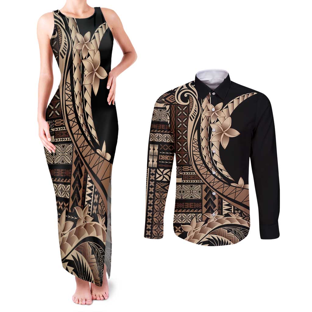 Samoa Siapo Mamanu Couples Matching Tank Maxi Dress and Long Sleeve Button Shirt Plumeria Black Motifs LT7 Black - Polynesian Pride