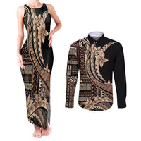 Samoa Siapo Mamanu Couples Matching Tank Maxi Dress and Long Sleeve Button Shirt Plumeria Black Motifs LT7 Black - Polynesian Pride