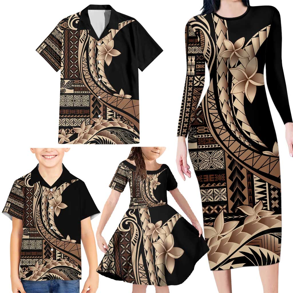 Samoa Siapo Mamanu Family Matching Long Sleeve Bodycon Dress and Hawaiian Shirt Plumeria Black Motifs LT7 - Polynesian Pride