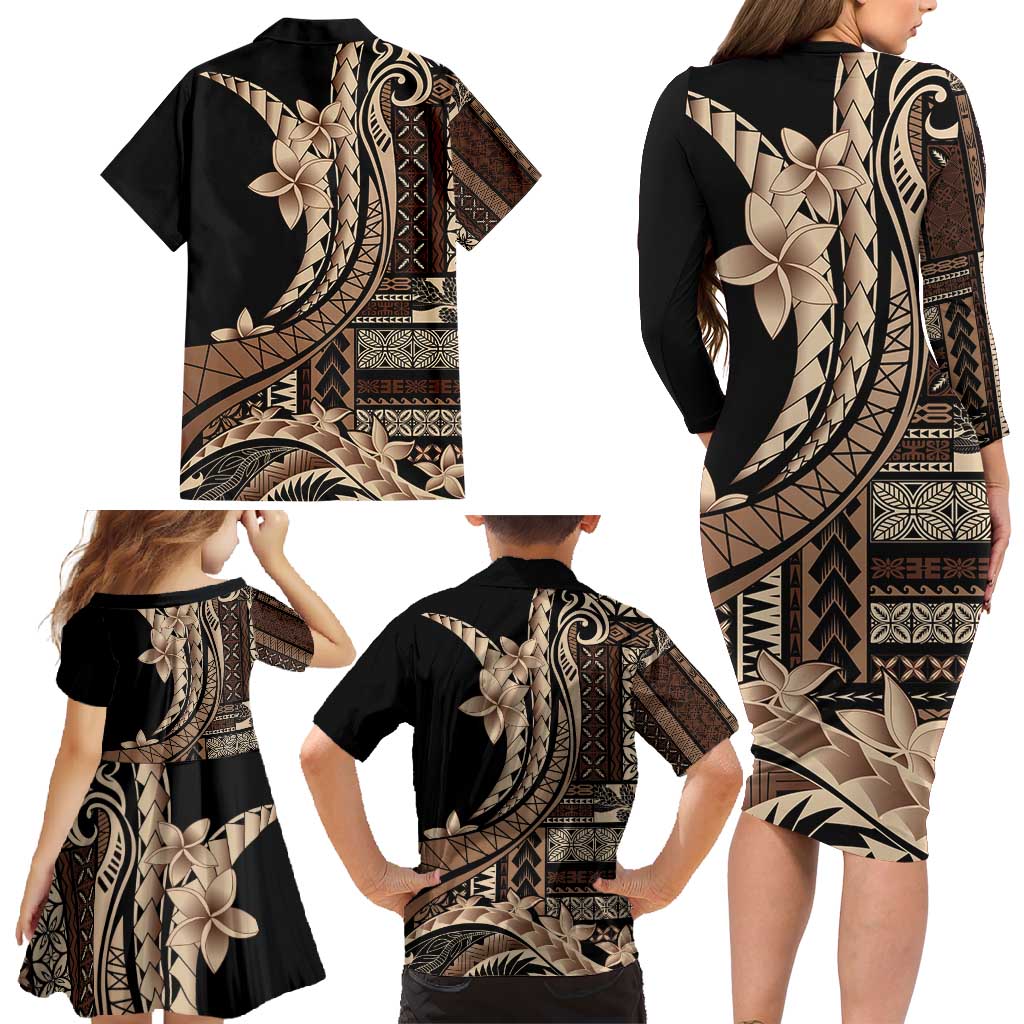 Samoa Siapo Mamanu Family Matching Long Sleeve Bodycon Dress and Hawaiian Shirt Plumeria Black Motifs LT7 - Polynesian Pride