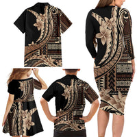 Samoa Siapo Mamanu Family Matching Long Sleeve Bodycon Dress and Hawaiian Shirt Plumeria Black Motifs LT7 - Polynesian Pride