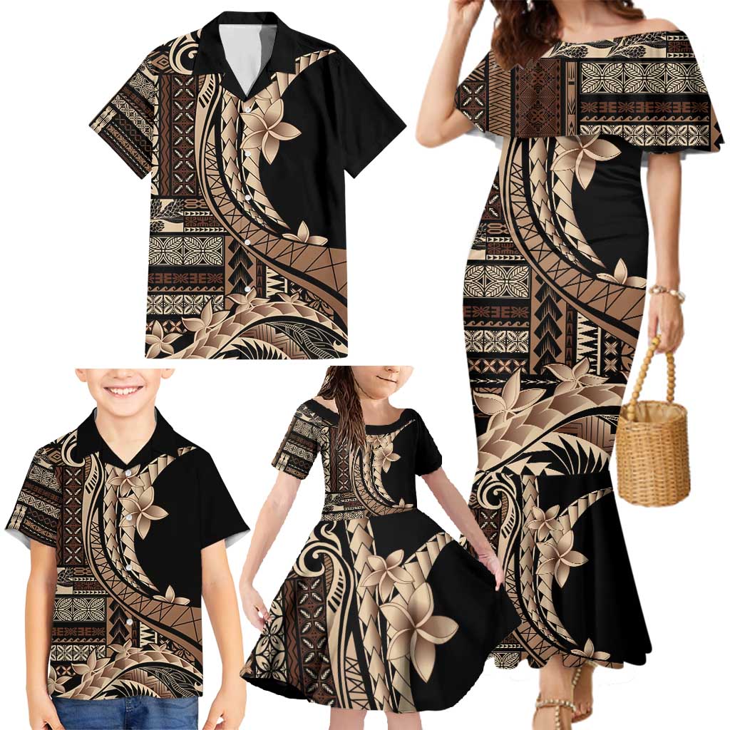 Samoa Siapo Mamanu Family Matching Mermaid Dress and Hawaiian Shirt Plumeria Black Motifs LT7 - Polynesian Pride