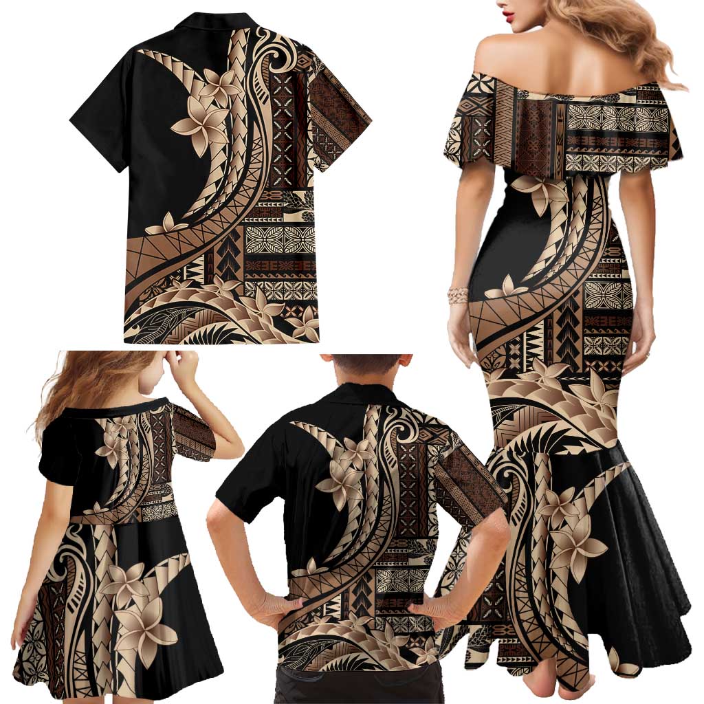 Samoa Siapo Mamanu Family Matching Mermaid Dress and Hawaiian Shirt Plumeria Black Motifs LT7 - Polynesian Pride