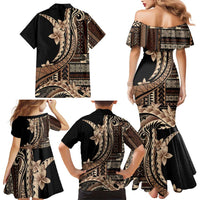 Samoa Siapo Mamanu Family Matching Mermaid Dress and Hawaiian Shirt Plumeria Black Motifs LT7 - Polynesian Pride