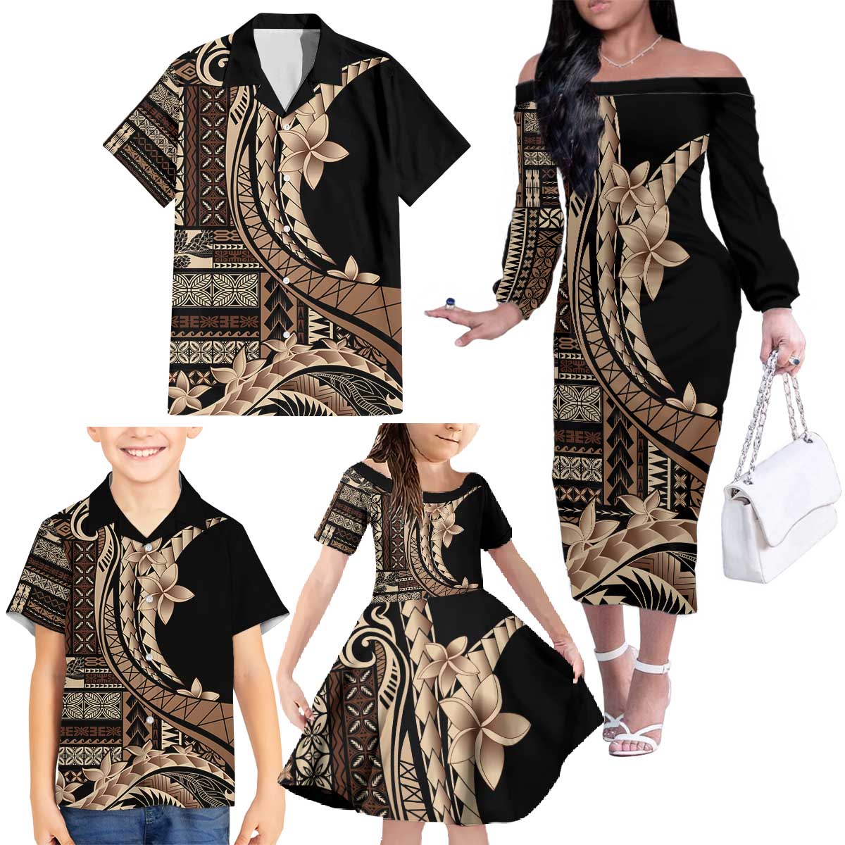 Samoa Siapo Mamanu Family Matching Off The Shoulder Long Sleeve Dress and Hawaiian Shirt Plumeria Black Motifs LT7 - Polynesian Pride