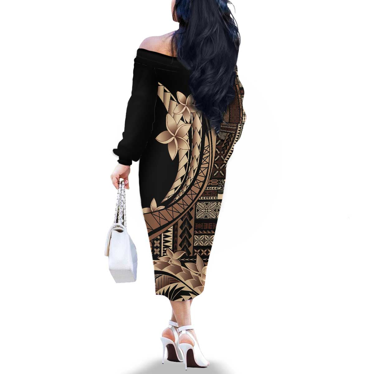 Samoa Siapo Mamanu Family Matching Off The Shoulder Long Sleeve Dress and Hawaiian Shirt Plumeria Black Motifs LT7 - Polynesian Pride
