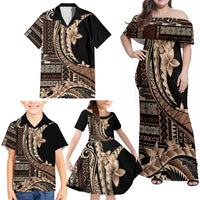 Samoa Siapo Mamanu Family Matching Off Shoulder Maxi Dress and Hawaiian Shirt Plumeria Black Motifs LT7 - Polynesian Pride