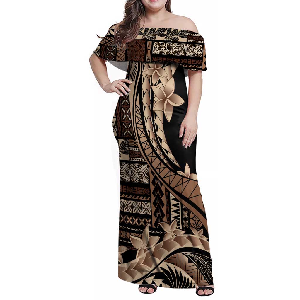 Samoa Siapo Mamanu Family Matching Off Shoulder Maxi Dress and Hawaiian Shirt Plumeria Black Motifs LT7 Mom's Dress Black - Polynesian Pride