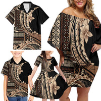 Samoa Siapo Mamanu Family Matching Off Shoulder Short Dress and Hawaiian Shirt Plumeria Black Motifs LT7 - Polynesian Pride