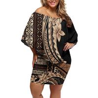 Samoa Siapo Mamanu Family Matching Off Shoulder Short Dress and Hawaiian Shirt Plumeria Black Motifs LT7 Mom's Dress Black - Polynesian Pride