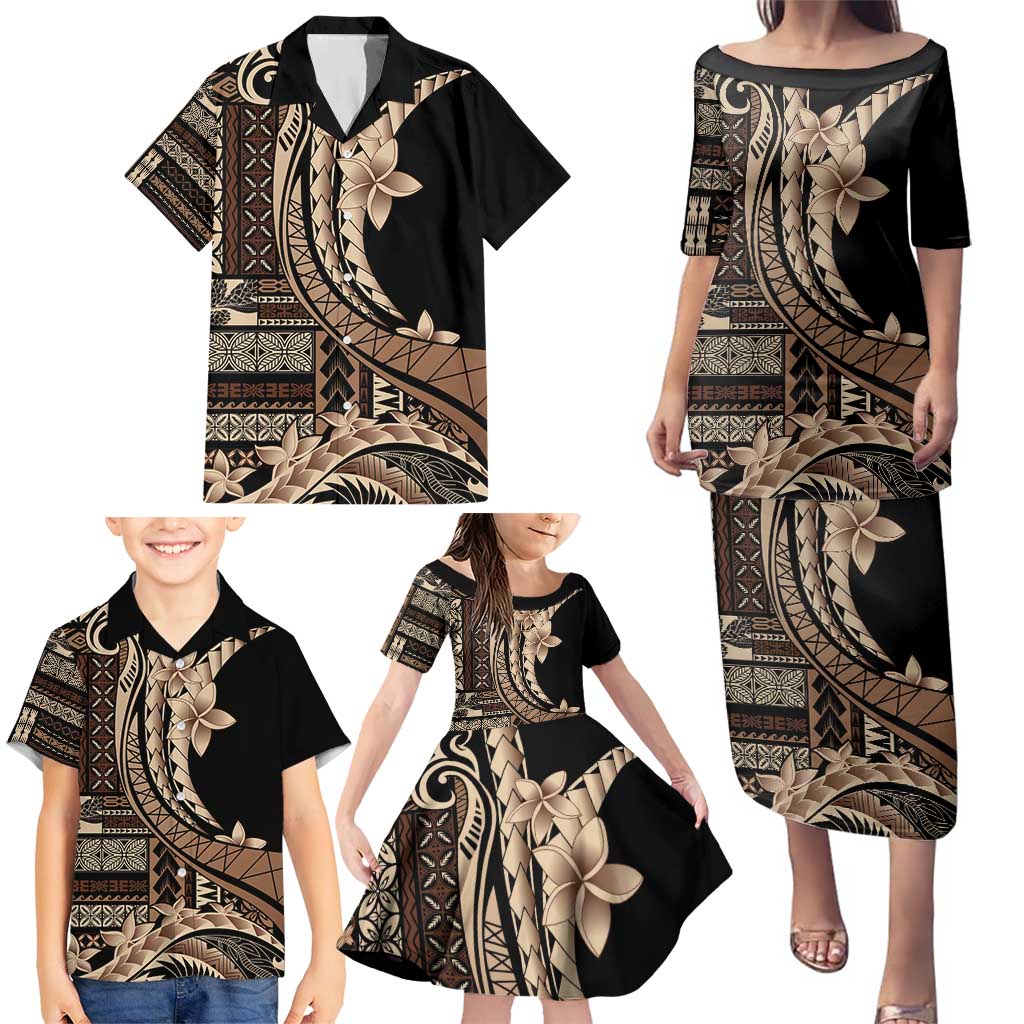 Samoa Siapo Mamanu Family Matching Puletasi and Hawaiian Shirt Plumeria Black Motifs LT7 - Polynesian Pride