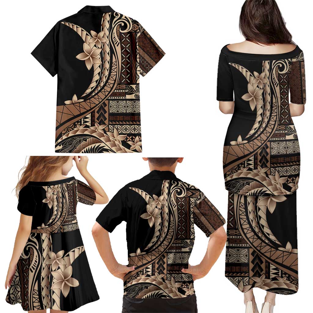 Samoa Siapo Mamanu Family Matching Puletasi and Hawaiian Shirt Plumeria Black Motifs LT7 - Polynesian Pride