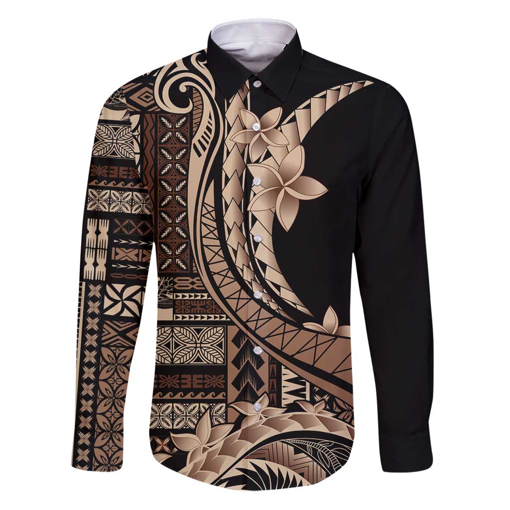 Samoa Siapo Mamanu Family Matching Puletasi and Hawaiian Shirt Plumeria Black Motifs LT7 Dad's Shirt - Long Sleeve Black - Polynesian Pride