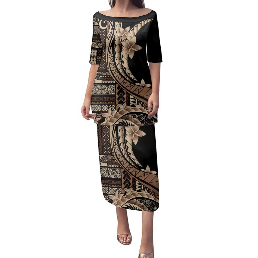 Samoa Siapo Mamanu Family Matching Puletasi and Hawaiian Shirt Plumeria Black Motifs LT7 Mom's Dress Black - Polynesian Pride