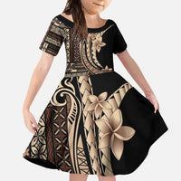 Samoa Siapo Mamanu Family Matching Short Sleeve Bodycon Dress and Hawaiian Shirt Plumeria Black Motifs LT7 Daughter's Dress Black - Polynesian Pride