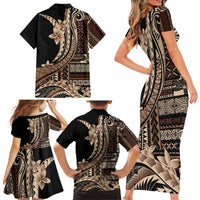 Samoa Siapo Mamanu Family Matching Short Sleeve Bodycon Dress and Hawaiian Shirt Plumeria Black Motifs LT7 - Polynesian Pride