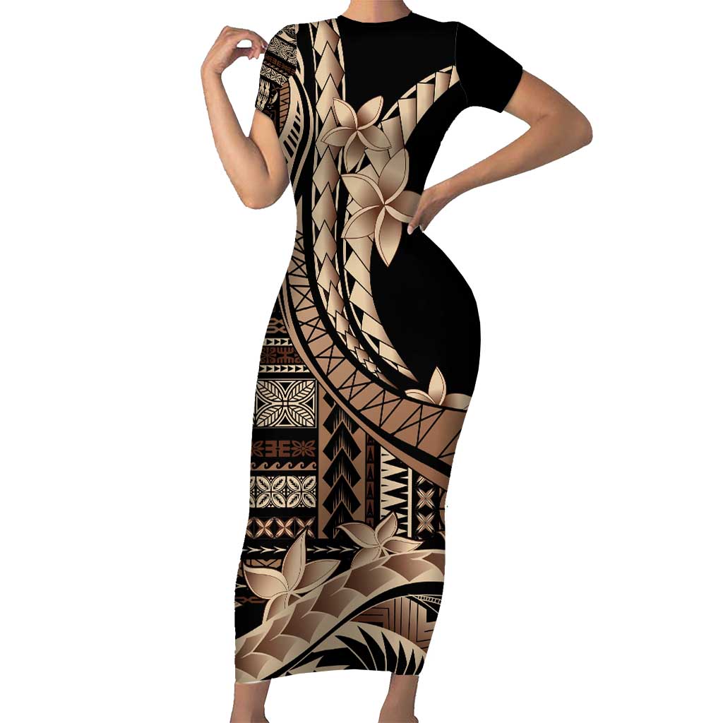 Samoa Siapo Mamanu Family Matching Short Sleeve Bodycon Dress and Hawaiian Shirt Plumeria Black Motifs LT7 Mom's Dress Black - Polynesian Pride