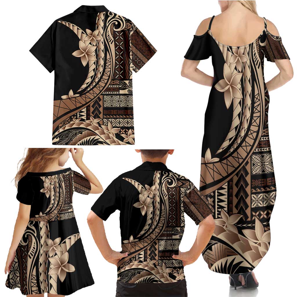 Samoa Siapo Mamanu Family Matching Summer Maxi Dress and Hawaiian Shirt Plumeria Black Motifs LT7 - Polynesian Pride