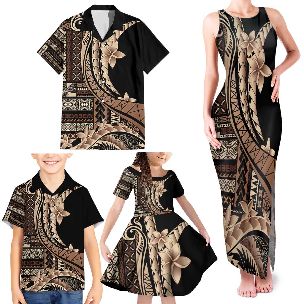 Samoa Siapo Mamanu Family Matching Tank Maxi Dress and Hawaiian Shirt Plumeria Black Motifs LT7 - Polynesian Pride