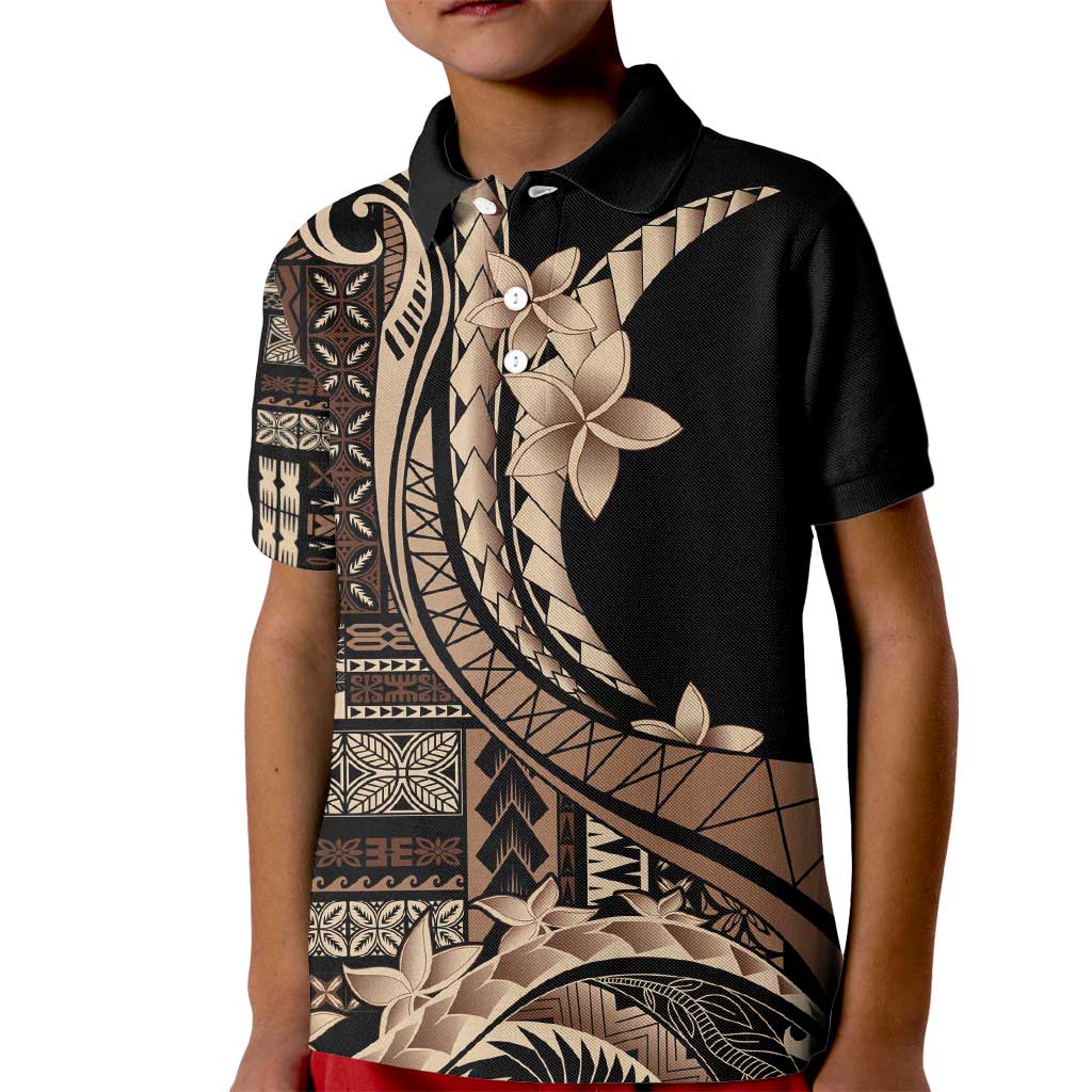 Samoa Siapo Mamanu Kid Polo Shirt Plumeria Black Motifs LT7 Kid Black - Polynesian Pride