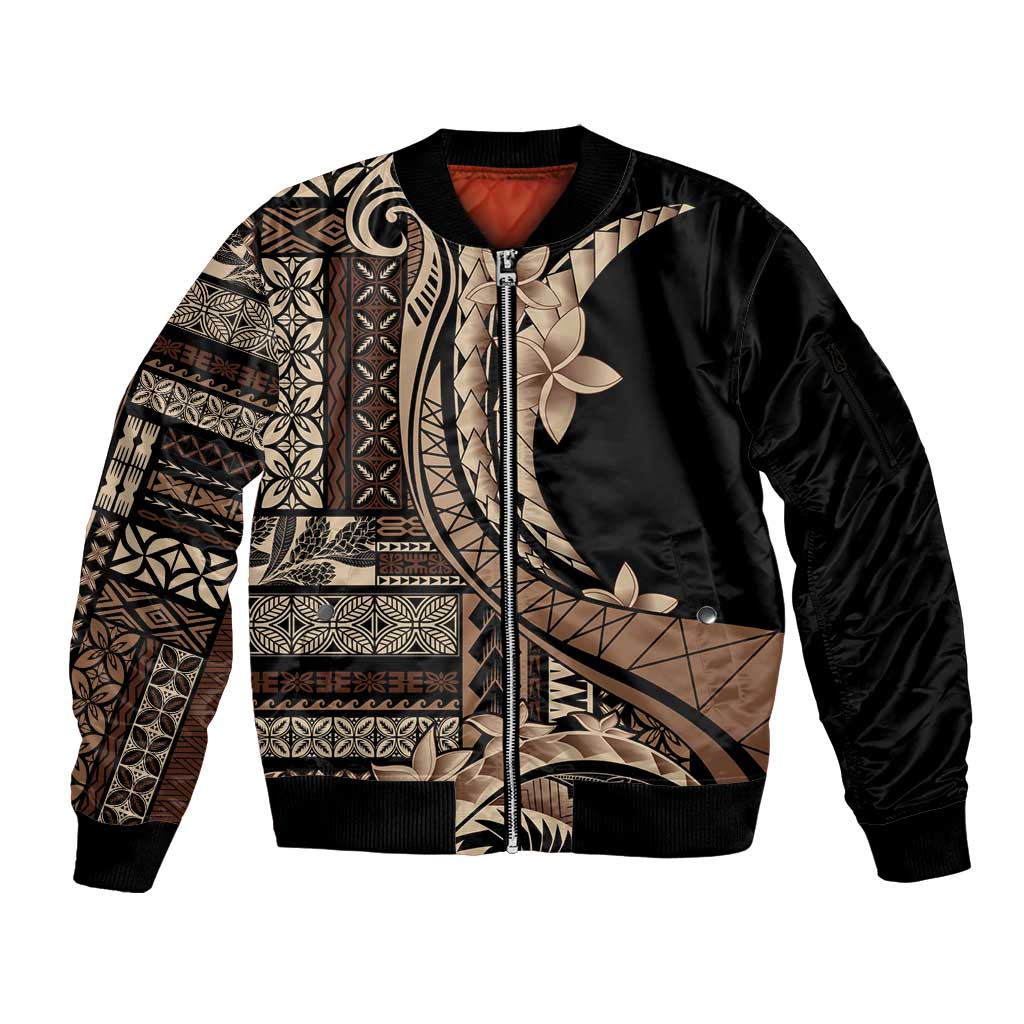 Samoa Siapo Mamanu Sleeve Zip Bomber Jacket Plumeria Black Motifs LT7 Unisex Black - Polynesian Pride