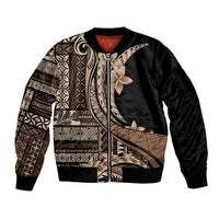 Samoa Siapo Mamanu Sleeve Zip Bomber Jacket Plumeria Black Motifs LT7 Unisex Black - Polynesian Pride
