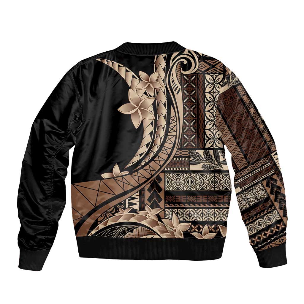Samoa Siapo Mamanu Sleeve Zip Bomber Jacket Plumeria Black Motifs LT7 - Polynesian Pride