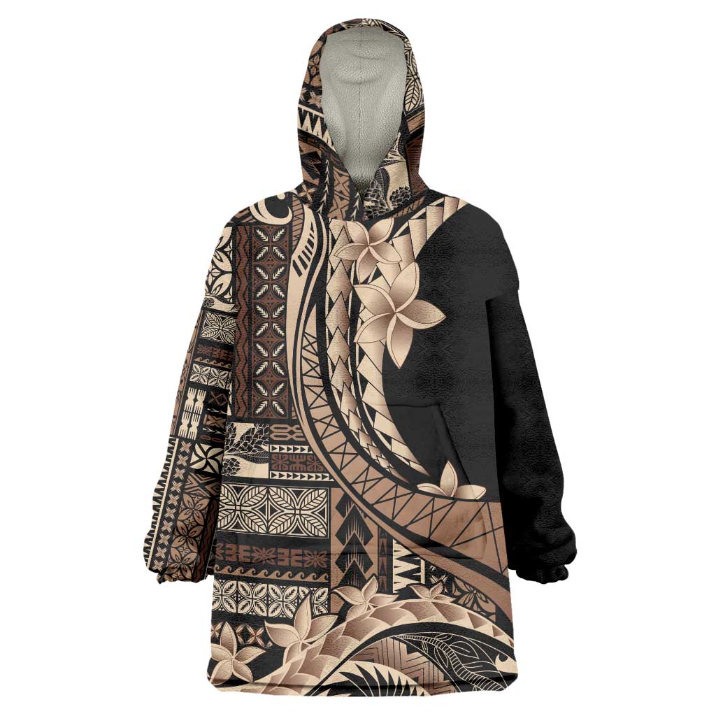 Samoa Siapo Mamanu Wearable Blanket Hoodie Plumeria Black Motifs LT7 One Size Black - Polynesian Pride