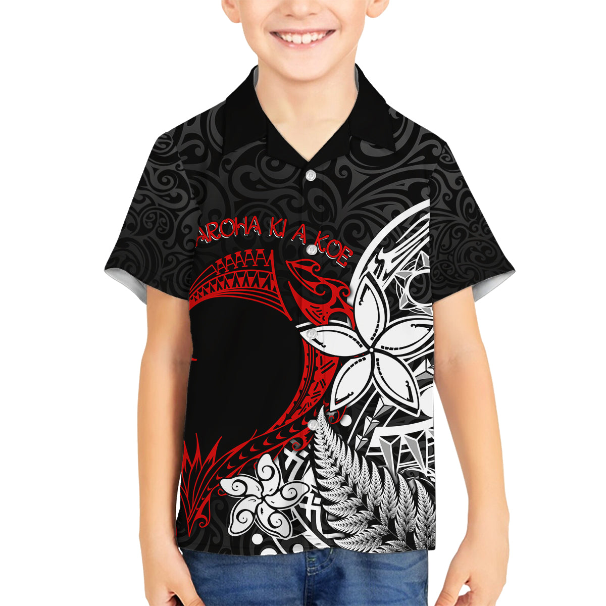 Valentine New Zealand Family Matching Puletasi and Hawaiian Shirt Aotearoa Couple Maori Aroha Ki a Koe LT7 Son's Shirt Black - Polynesian Pride