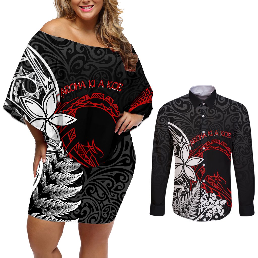 New Zealand Aotearoa Valentine Couples Matching Off Shoulder Short Dress and Long Sleeve Button Shirt Couple Maori Aroha Ki a Koe Ver.02 LT7 Black - Polynesian Pride