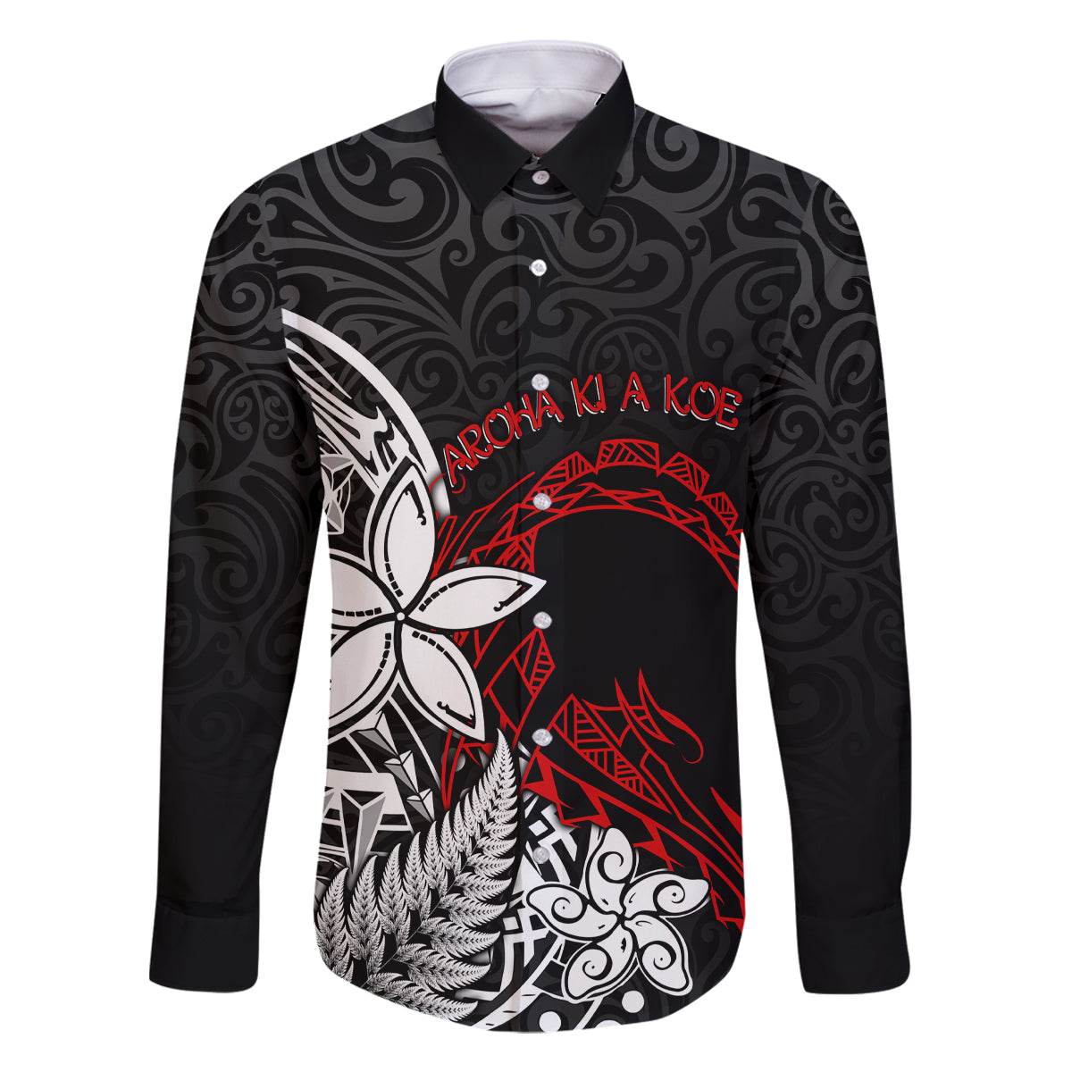 New Zealand Aotearoa Valentine Family Matching Tank Maxi Dress and Hawaiian Shirt Couple Maori Aroha Ki a Koe Ver.02 LT7 Dad's Shirt - Long Sleeve Black - Polynesian Pride