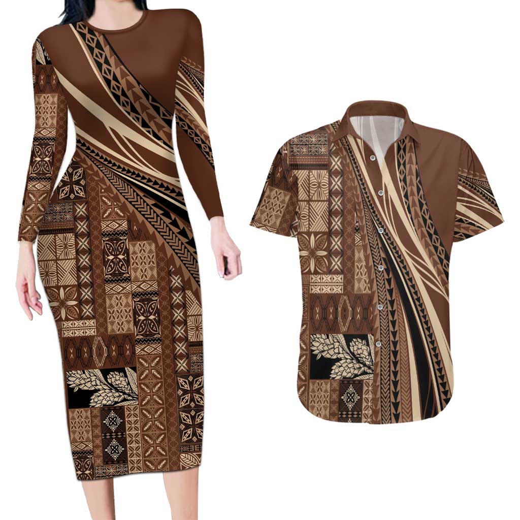 Pasifika Women's Day - Samoa Siapo Malu Tattoo Inspired Couples Matching Long Sleeve Bodycon Dress and Hawaiian Shirt Brown LT7 Brown - Polynesian Pride