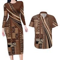 Pasifika Women's Day - Samoa Siapo Malu Tattoo Inspired Couples Matching Long Sleeve Bodycon Dress and Hawaiian Shirt Brown LT7 Brown - Polynesian Pride