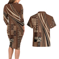 Pasifika Women's Day - Samoa Siapo Malu Tattoo Inspired Couples Matching Long Sleeve Bodycon Dress and Hawaiian Shirt Brown LT7 - Polynesian Pride