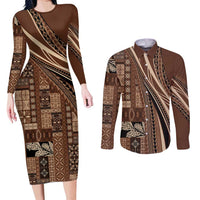 Pasifika Women's Day - Samoa Siapo Malu Tattoo Inspired Couples Matching Long Sleeve Bodycon Dress and Long Sleeve Button Shirt Brown LT7 Brown - Polynesian Pride