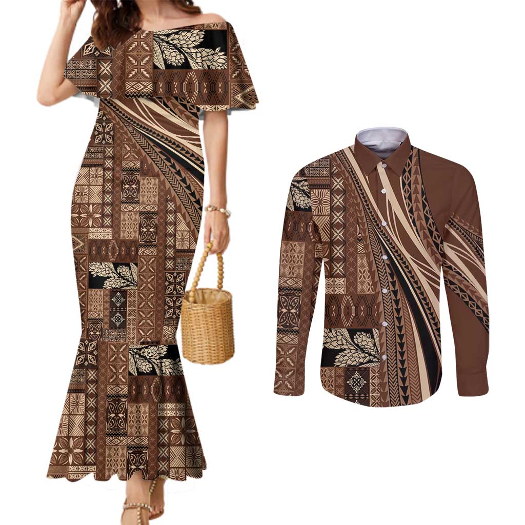 Pasifika Women's Day - Samoa Siapo Malu Tattoo Inspired Couples Matching Mermaid Dress and Long Sleeve Button Shirt Brown LT7 Brown - Polynesian Pride