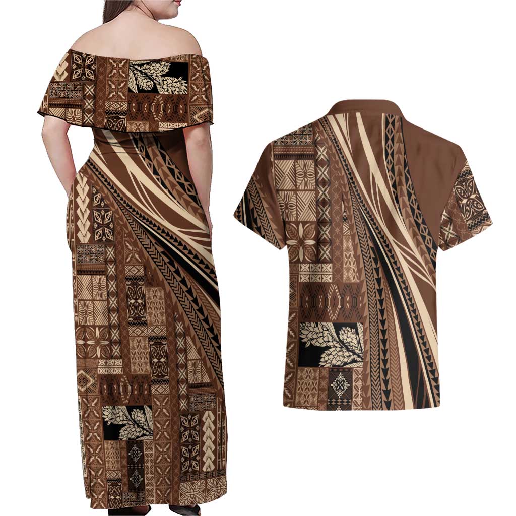 Pasifika Women's Day - Samoa Siapo Malu Tattoo Inspired Couples Matching Off Shoulder Maxi Dress and Hawaiian Shirt Brown LT7 - Polynesian Pride