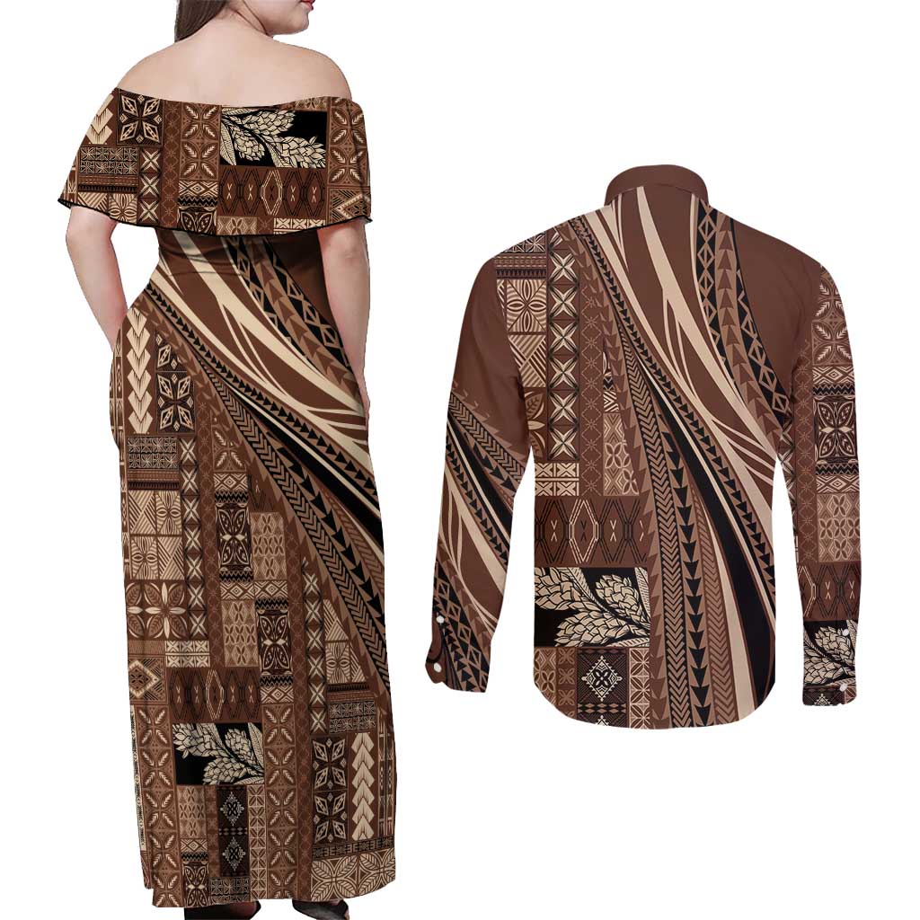 Pasifika Women's Day - Samoa Siapo Malu Tattoo Inspired Couples Matching Off Shoulder Maxi Dress and Long Sleeve Button Shirt Brown