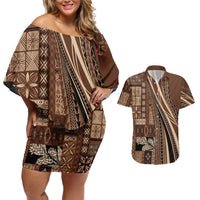 Pasifika Women's Day - Samoa Siapo Malu Tattoo Inspired Couples Matching Off Shoulder Short Dress and Hawaiian Shirt Brown LT7 Brown - Polynesian Pride