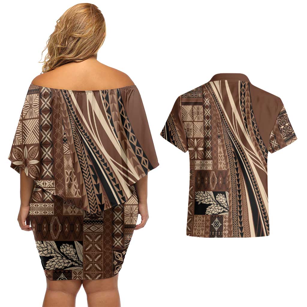 Pasifika Women's Day - Samoa Siapo Malu Tattoo Inspired Couples Matching Off Shoulder Short Dress and Hawaiian Shirt Brown LT7 - Polynesian Pride