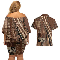 Pasifika Women's Day - Samoa Siapo Malu Tattoo Inspired Couples Matching Off Shoulder Short Dress and Hawaiian Shirt Brown LT7 - Polynesian Pride