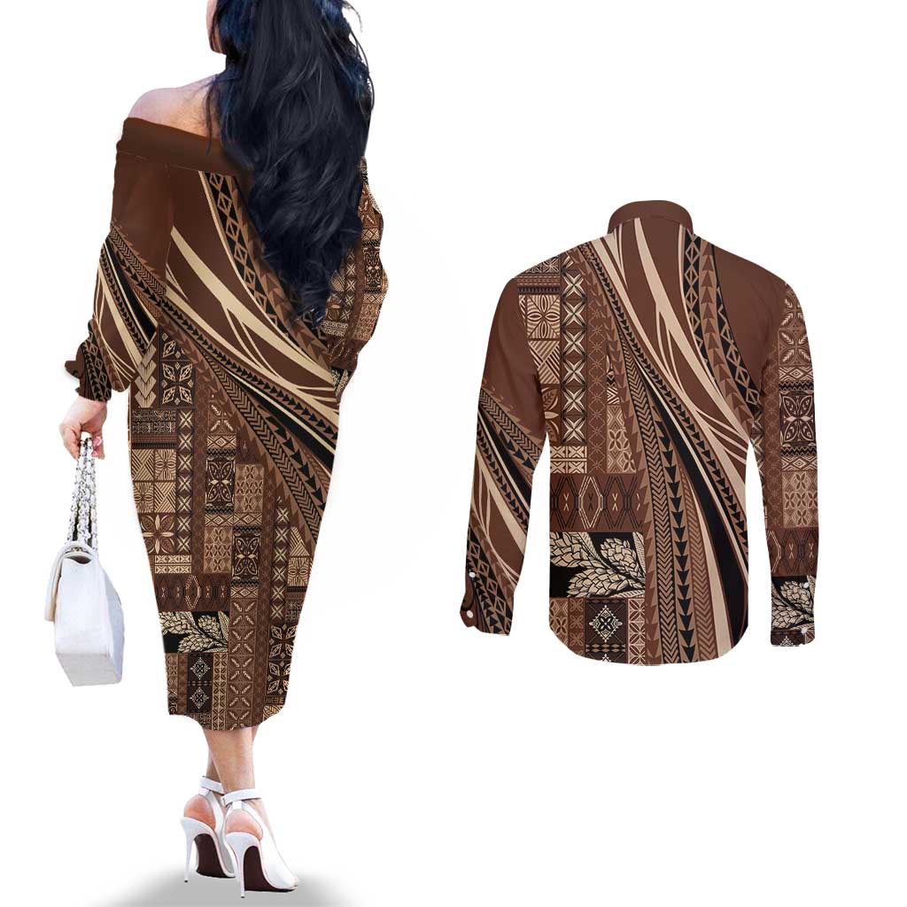 Pasifika Women's Day - Samoa Siapo Malu Tattoo Inspired Couples Matching Off The Shoulder Long Sleeve Dress and Long Sleeve Button Shirt Brown LT7 - Polynesian Pride