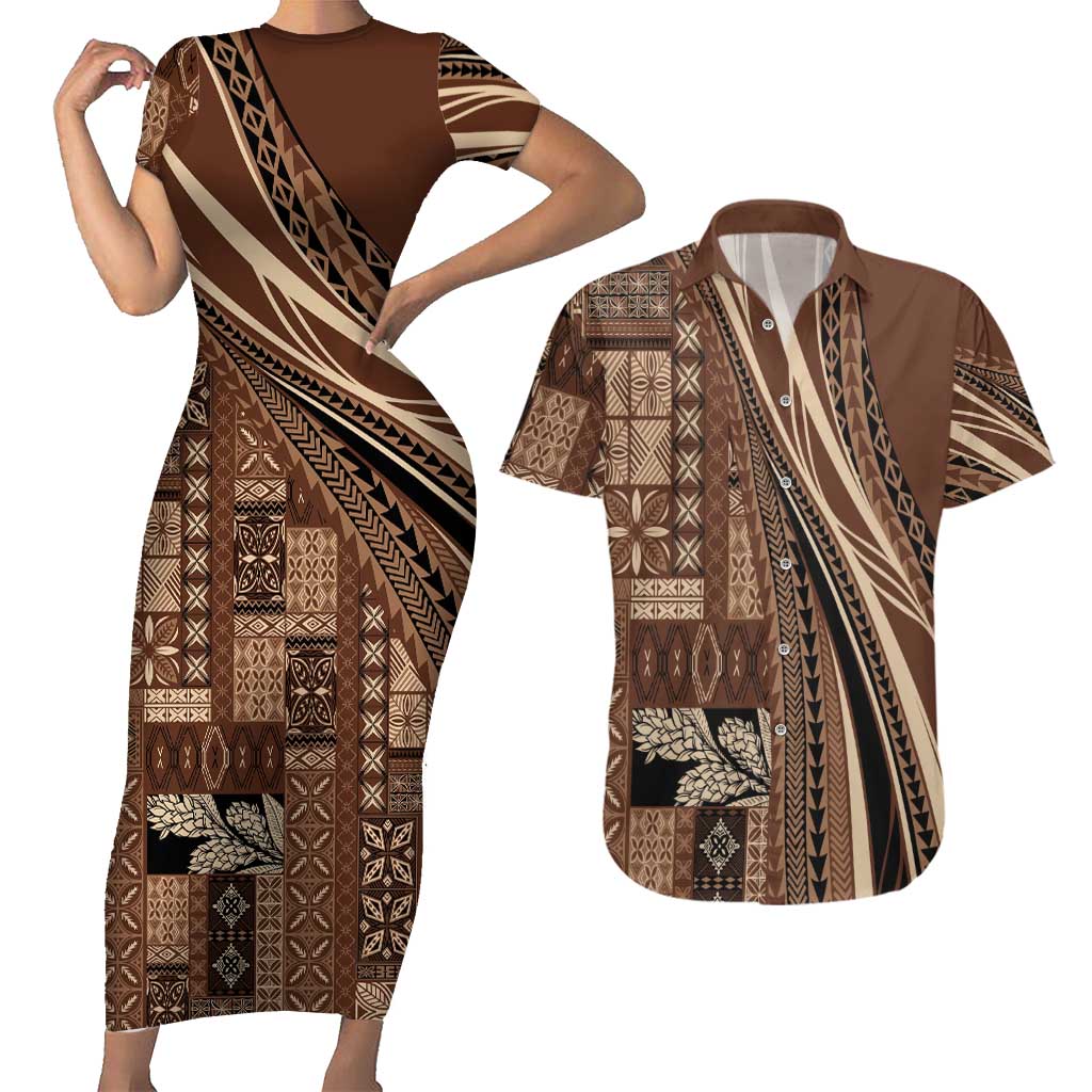 Pasifika Women's Day - Samoa Siapo Malu Tattoo Inspired Couples Matching Short Sleeve Bodycon Dress and Hawaiian Shirt Brown LT7 Brown - Polynesian Pride
