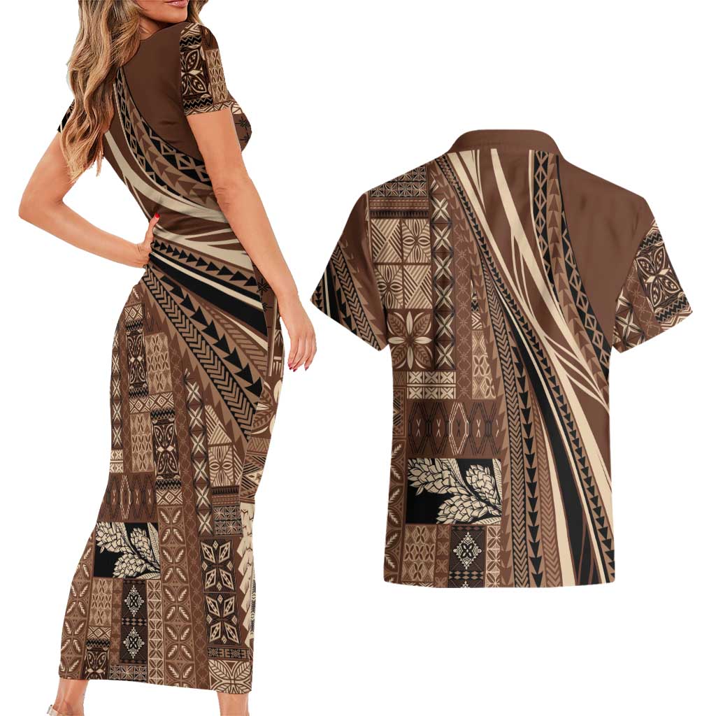 Pasifika Women's Day - Samoa Siapo Malu Tattoo Inspired Couples Matching Short Sleeve Bodycon Dress and Hawaiian Shirt Brown LT7 - Polynesian Pride