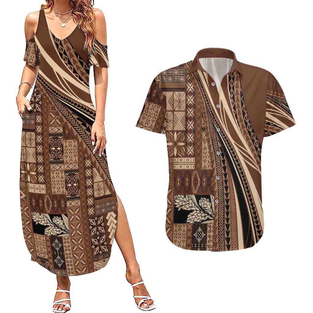 Pasifika Women's Day - Samoa Siapo Malu Tattoo Inspired Couples Matching Summer Maxi Dress and Hawaiian Shirt Brown LT7 Brown - Polynesian Pride