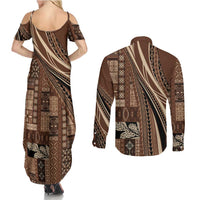 Pasifika Women's Day - Samoa Siapo Malu Tattoo Inspired Couples Matching Summer Maxi Dress and Long Sleeve Button Shirt Brown