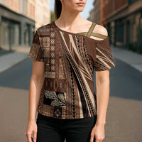 Pasifika Women's Day - Samoa Siapo Malu Tattoo Inspired Cross Shoulder Shirt Brown