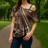 Pasifika Women's Day - Samoa Siapo Malu Tattoo Inspired Cross Shoulder Shirt Brown